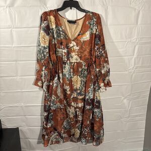 Hemant & Nandita Zeri Floral Bird Peasant Dress Women’s Size 10 V-Neck Orange